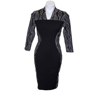 French Connection Black Snake Skin Print Sheath Dress, 3/4-Sleeve Women's Size 6